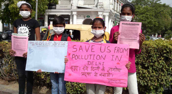 Children – who studied at the RMN Foundation free school – participating in a pollution-control campaign in New Delhi. Photo and campaign by RMN Foundation founder Rakesh Raman.