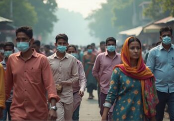 Representational AI-generated image of people walking through increasing levels of air pollution in New Delhi. Photo: RMN News Service