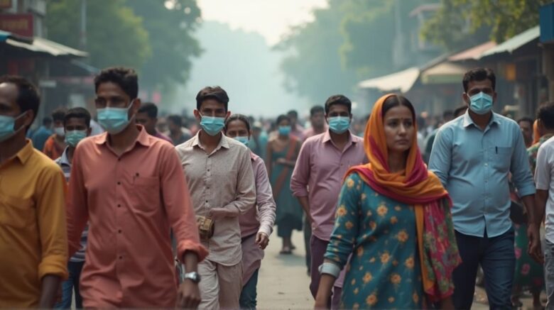 Representational AI-generated image of people walking through increasing levels of air pollution in New Delhi. Photo: RMN News Service