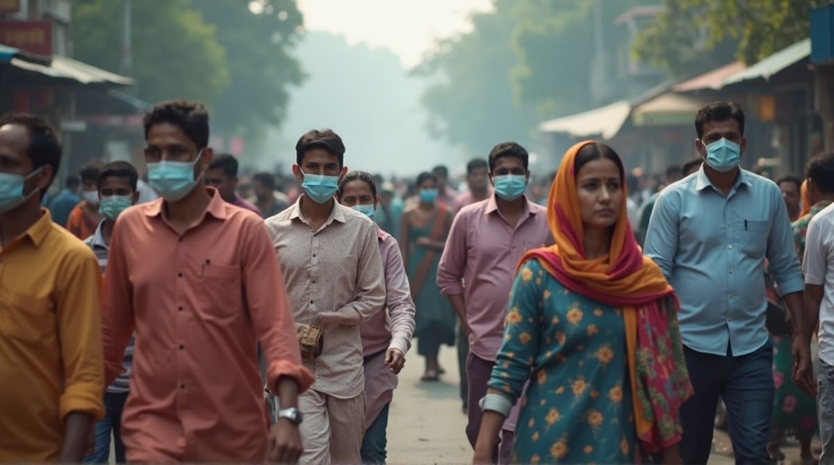 Representational AI-generated image of people walking through increasing levels of air pollution in New Delhi. Photo: RMN News Service