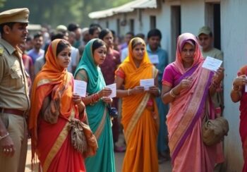 Smokescreen Report. AI-generated representational image of men and women standing outside a polling booth to vote in an Indian election. Photo: RMN News Service