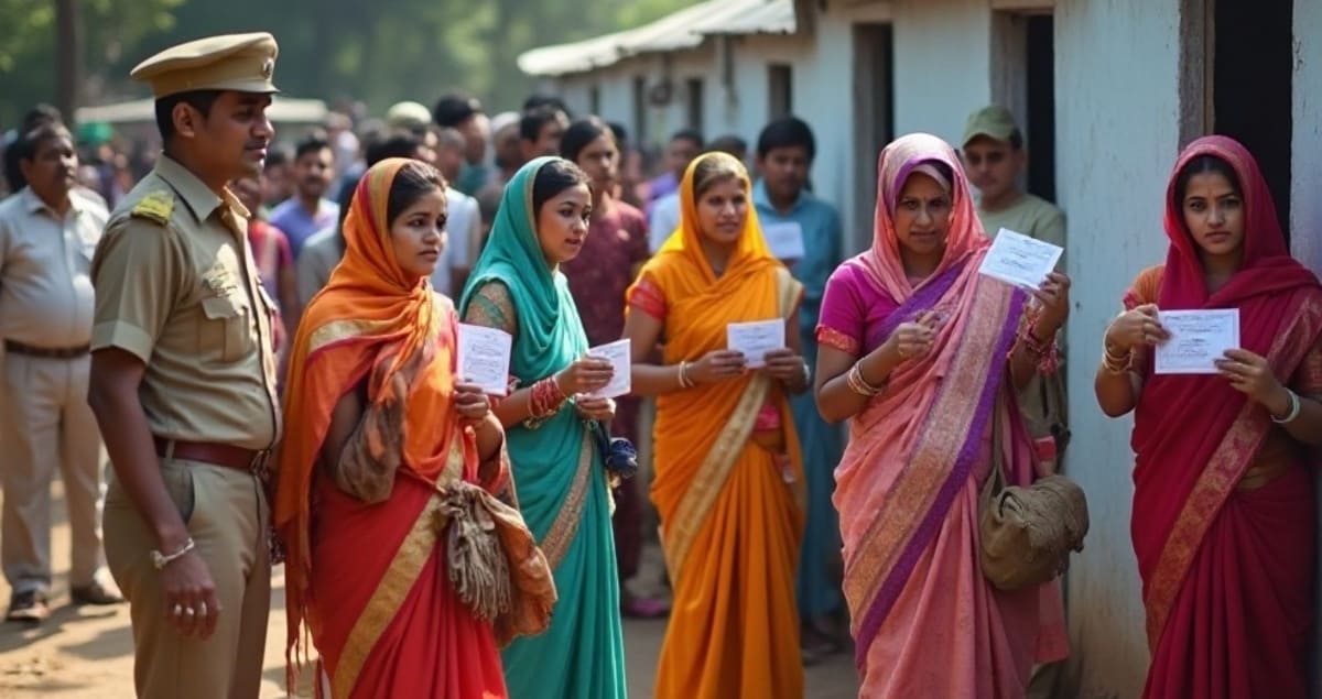 Smokescreen Report. AI-generated representational image of men and women standing outside a polling booth to vote in an Indian election. Photo: RMN News Service