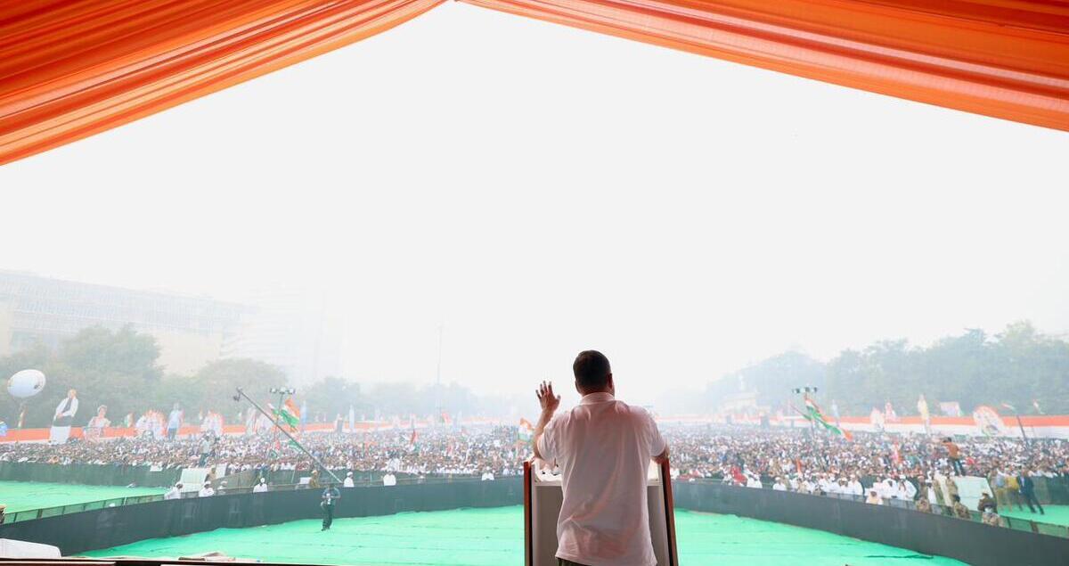 Congress leader and Leader of Opposition in the Lok Sabha Rahul Gandhi addressing a public rally “Vote Chor Gaddi Chhod” at Ramlila Maidan in New Delhi on December 14, 2025. Photo: Congress