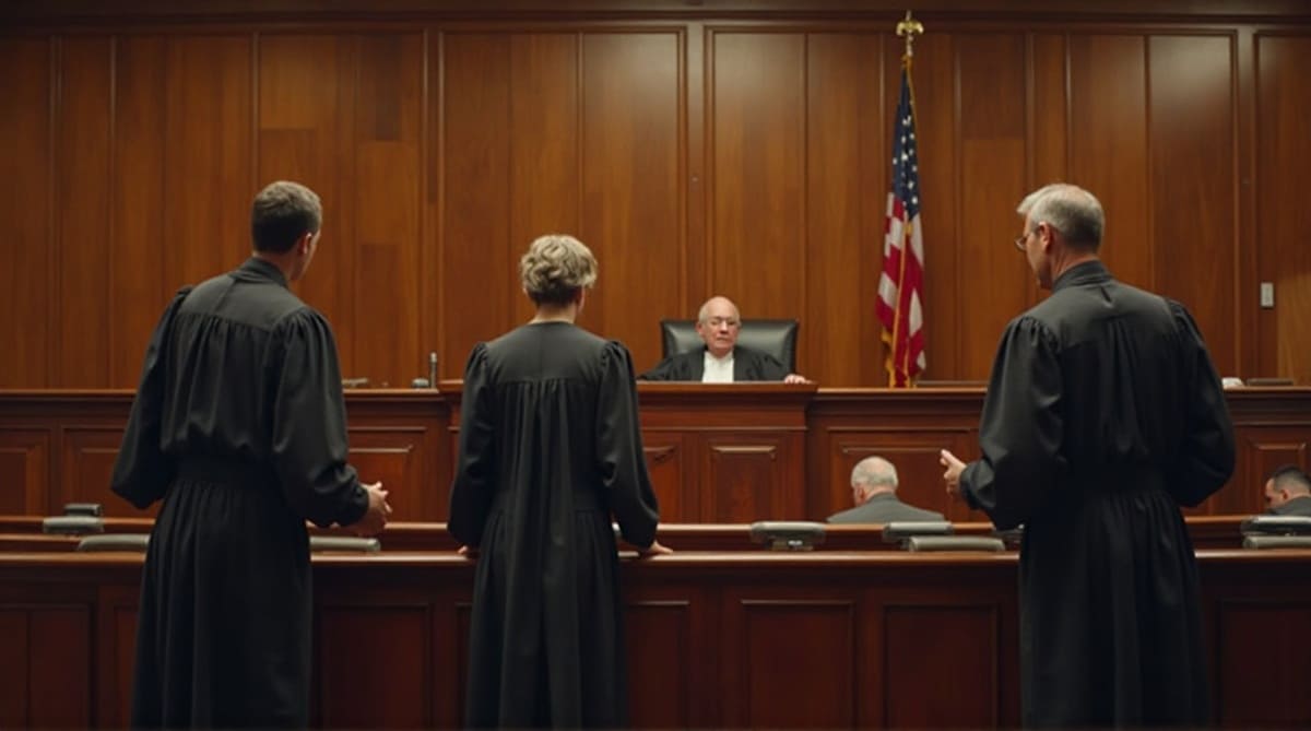 A courtroom symbolizing the ongoing Musk v. OpenAI legal case about the transformation of charitable assets.