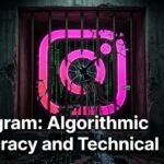 A decaying Instagram logo with the text "Algorithmic Autocracy and Technical Decay," representing the RMN Foundation’s stance on Meta's human rights violations.