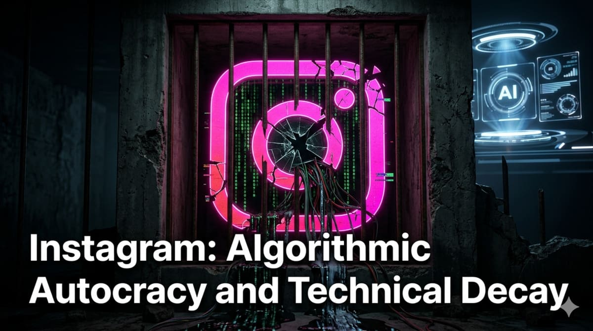 A decaying Instagram logo with the text "Algorithmic Autocracy and Technical Decay," representing the RMN Foundation’s stance on Meta's human rights violations.