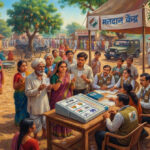 Voters examining Electronic Voting Machine and VVPAT system during public demonstration on election transparency in India