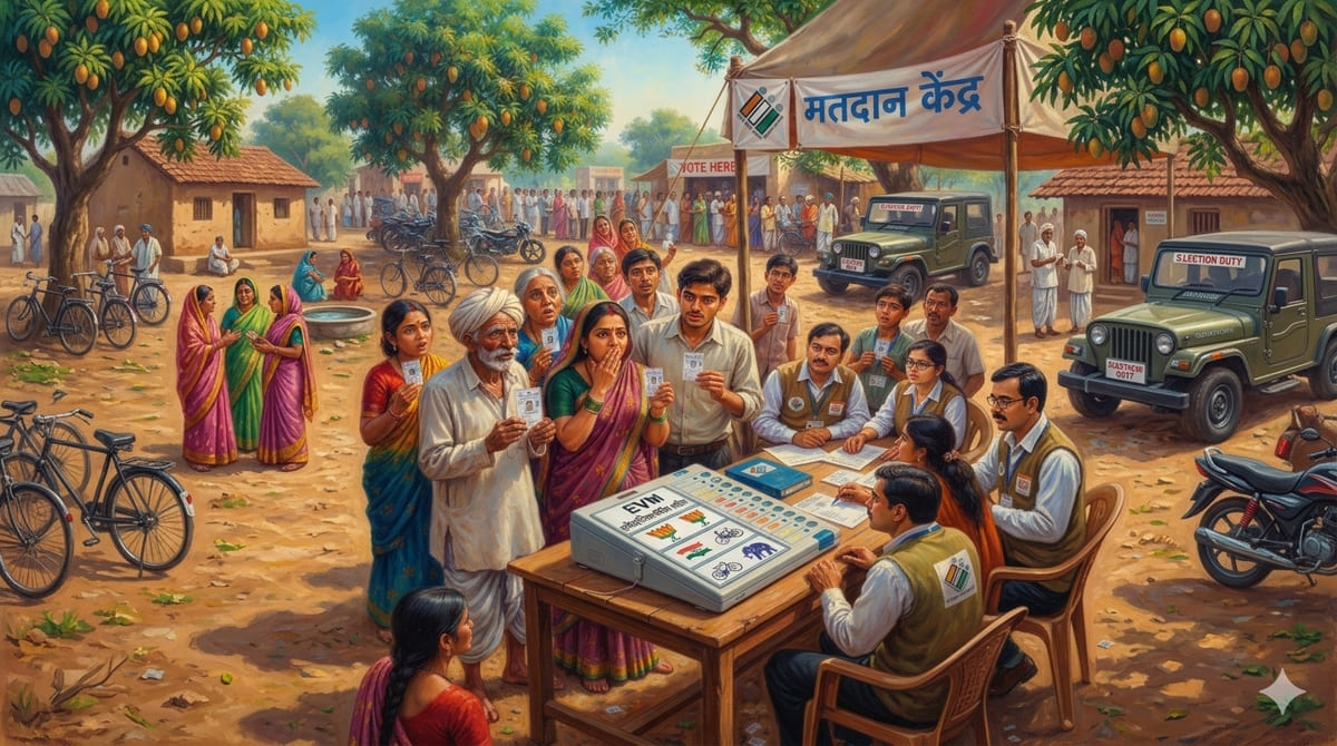 Voters examining Electronic Voting Machine and VVPAT system during public demonstration on election transparency in India
