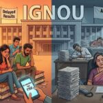 AI illustration depicting sleeping IGNOU officials violating student education rights while distance learners protest delayed results.