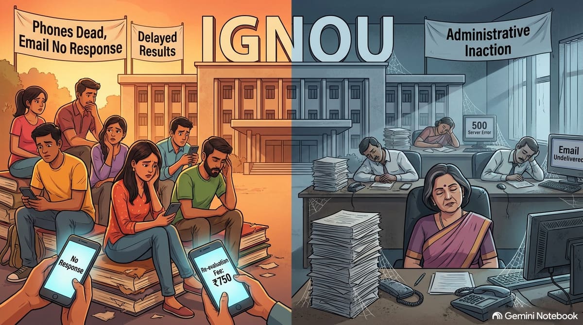 AI illustration depicting sleeping IGNOU officials violating student education rights while distance learners protest delayed results.